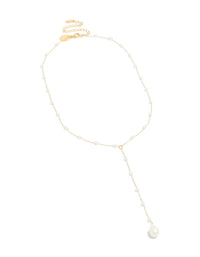Stunning waterproof gold plated stainless steel pearl Y-necklace with dainty design front view - link has visual effect only