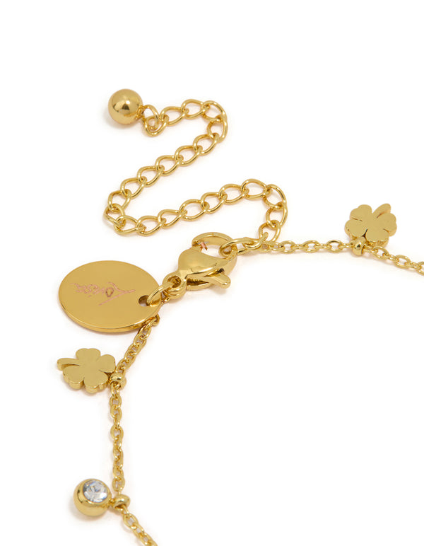 Waterproof Gold Plated Stainless Steel Cubic Zirconia Shamrock Bracelet