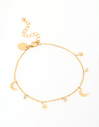 Waterproof Gold Plated Stainless Steel Cubic Zirconia Moon & Star Anklet - link has visual effect only