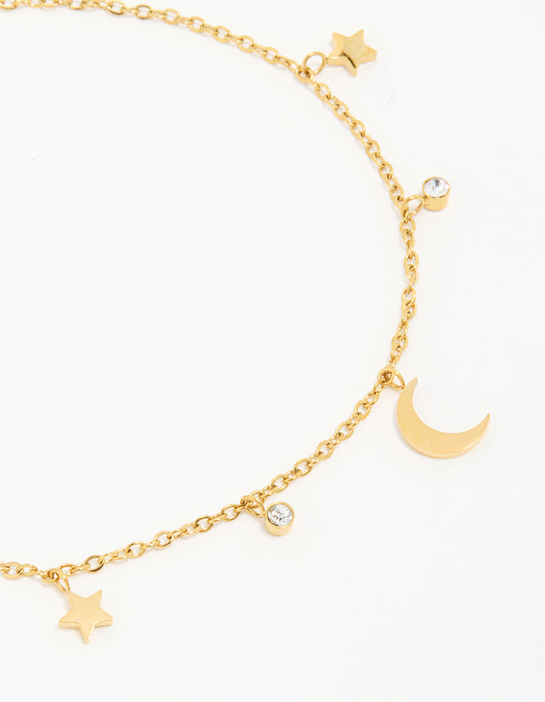 Waterproof Gold Plated Stainless Steel Cubic Zirconia Moon & Star Anklet