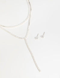 Silver Cubic Zirconia Layered Tennis Necklace & Stud Earrings Set - link has visual effect only