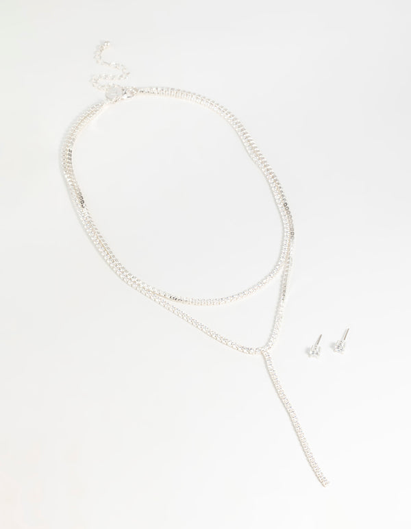 Silver Cubic Zirconia Layered Tennis Necklace & Stud Earrings Set