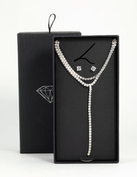 Silver Cubic Zirconia Layered Tennis Necklace & Stud Earrings Set - link has visual effect only