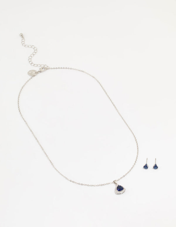 Silver Blue Cubic Zirconia Blue Pendant Necklace & Earrings Set