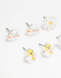 Kids Silver Chick & Easter Bunny Stud Earrings 6-Pack - link has visual effect only