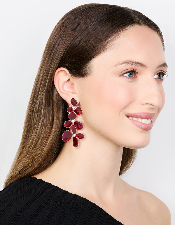 Gold Red Enamel Triple Flower Drop Earrings