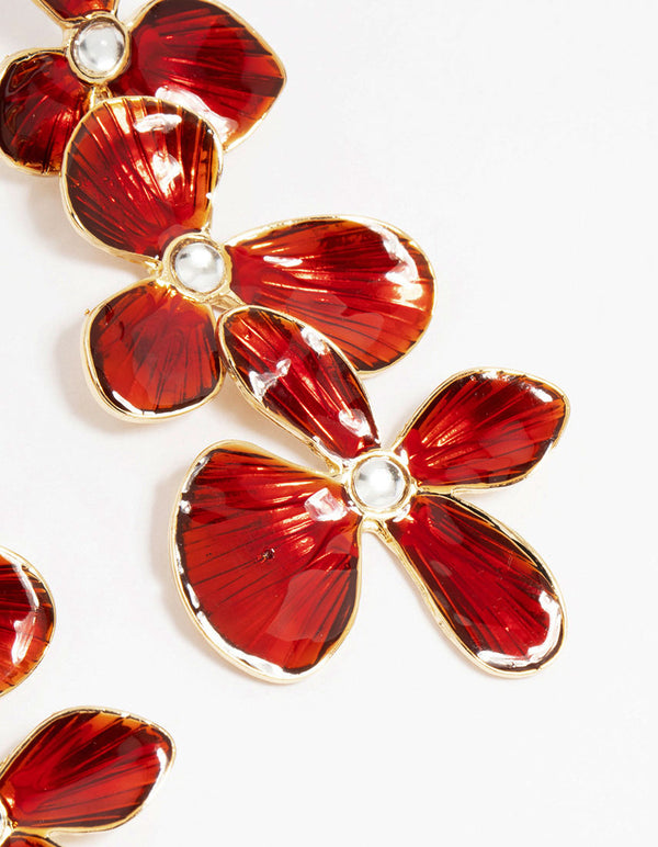Gold Red Enamel Triple Flower Drop Earrings