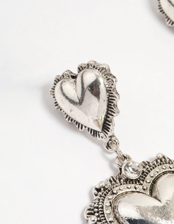 Silver Heart Drop Earrings