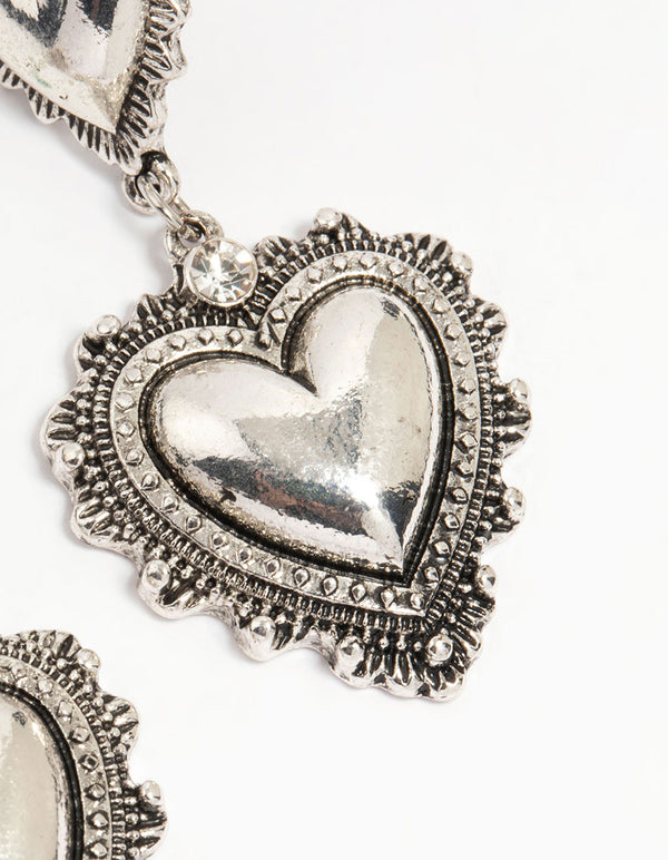 Silver Heart Drop Earrings