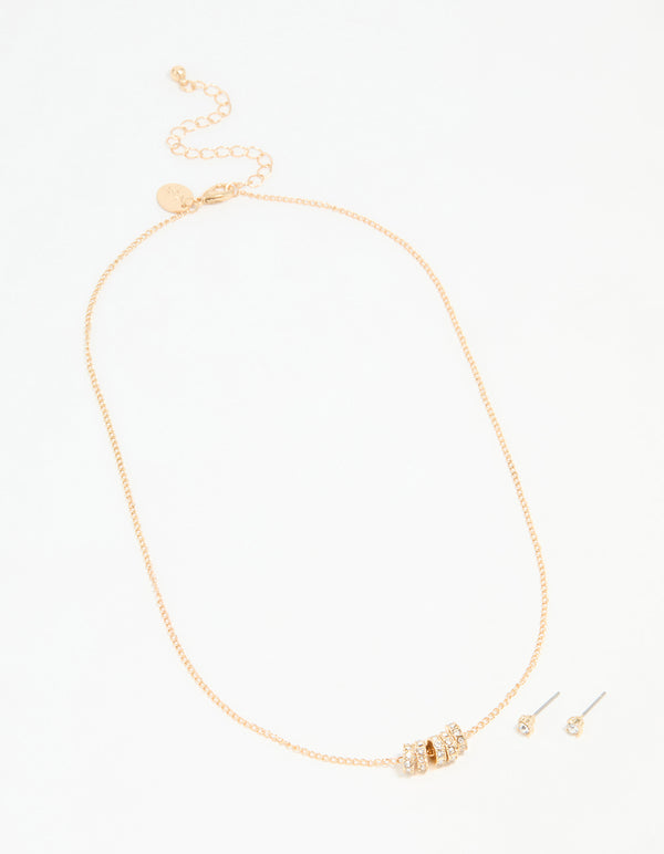 Gold Cubic Zirconia Rondell Necklace & Stud Earrings Set