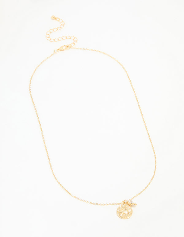 Gold Plated Star Disc & Cubic Zirconia Drop Pendant Necklace