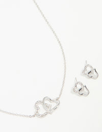 Silver Diamante Double Heart Necklace & Stud Earrings Set - link has visual effect only