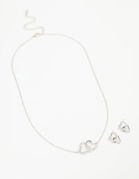 Silver Diamante Double Heart Necklace & Stud Earrings Set - link has visual effect only