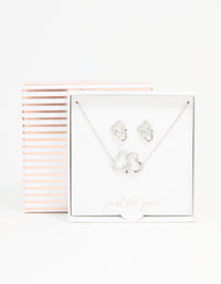 Silver Diamante Double Heart Necklace & Stud Earrings Set - link has visual effect only
