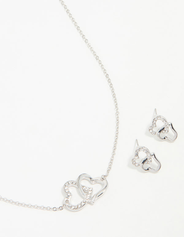 Silver Diamante Double Heart Necklace & Stud Earrings Set