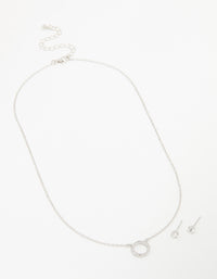 Silver Diamante Circle Pendant Necklace & Stud Earrings Set - link has visual effect only