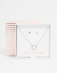 Silver Diamante Circle Pendant Necklace & Stud Earrings Set - link has visual effect only