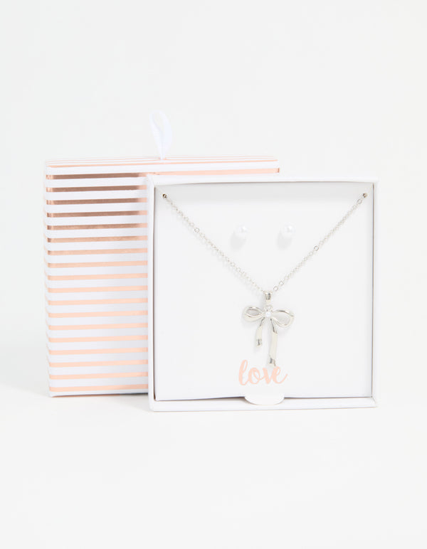 Silver Pearl Bow Necklace & Stud Earrings Set