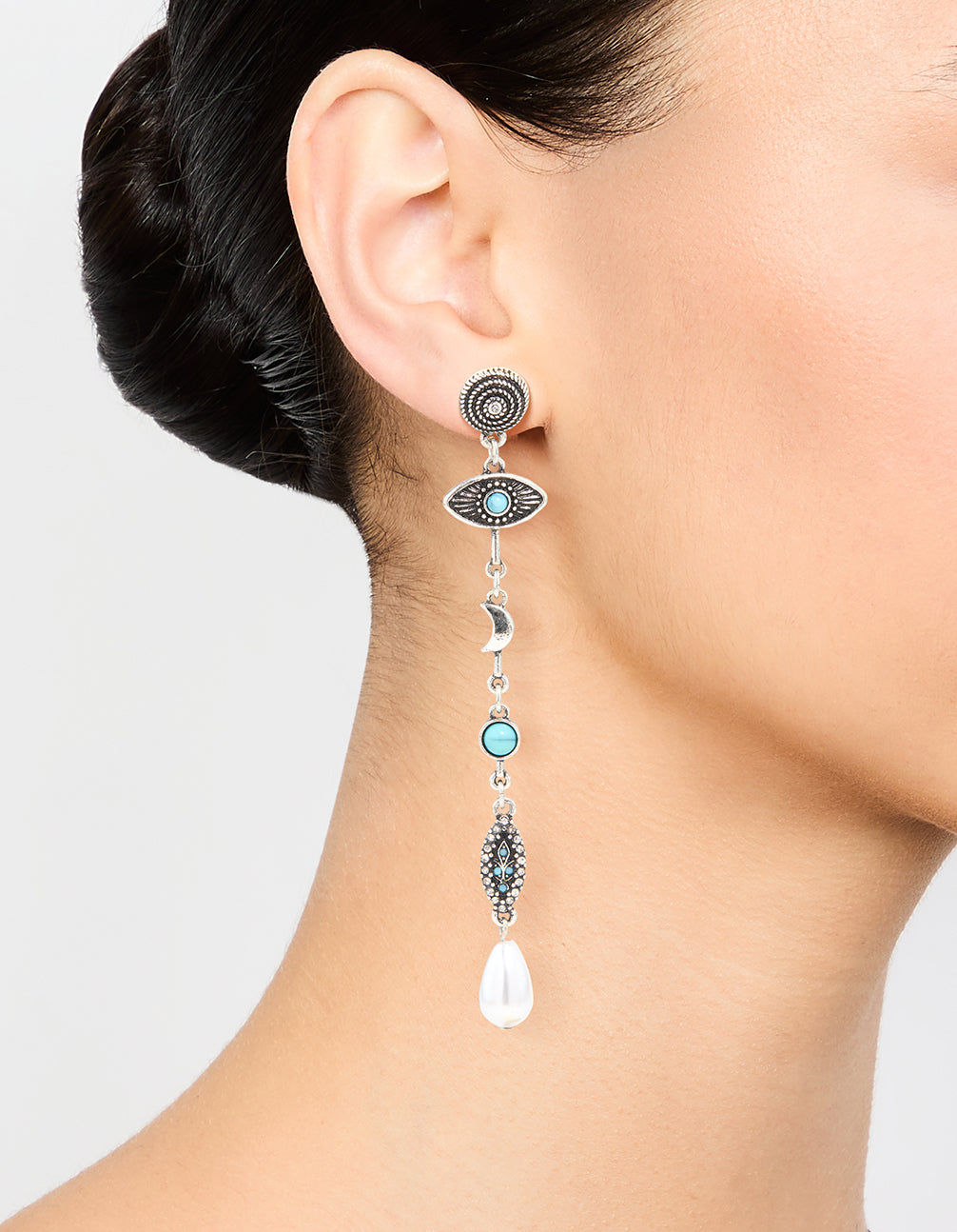 Antique Silver Pearl Turquoise Eye Drop Earrings