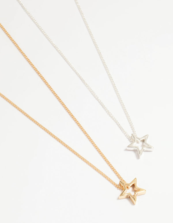 Mixed Metal Cutout Star Pendant Necklaces 2-Pack