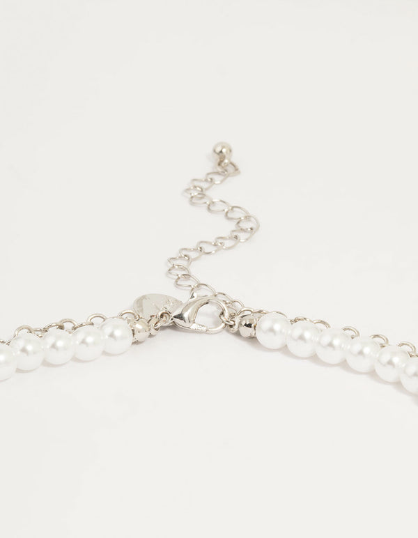 Silver Pearl Cross Layered Necklace
