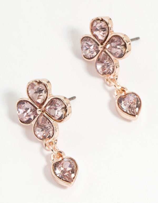 Rose Gold Pink Diamante Flower Drop Earrings
