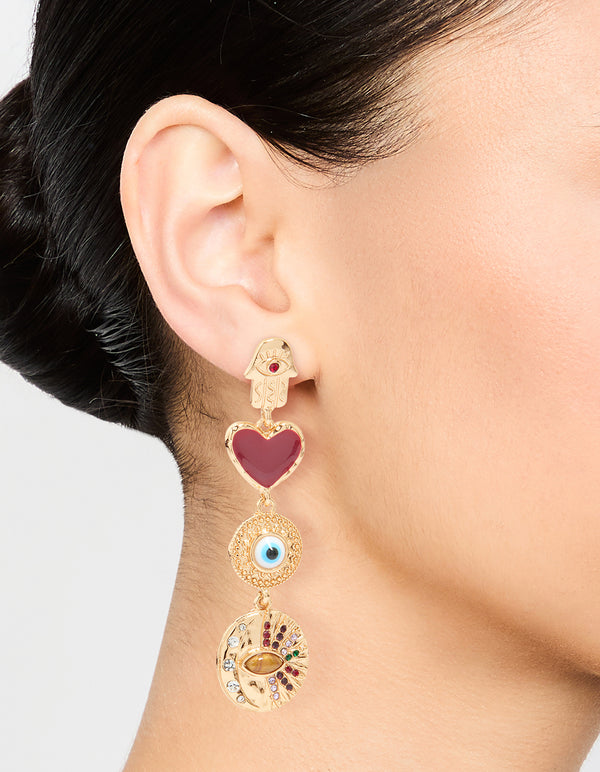 Gold Heart & Evil Eye Drop Earrings