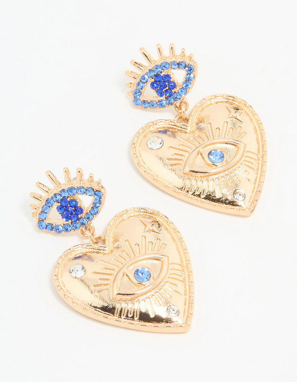 Gold Heart Evil Eye Drop Earrings