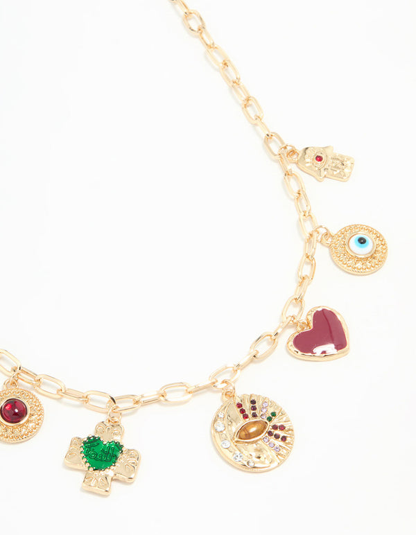 Gold Evil Eye & Hamsa Hand Charm Necklace