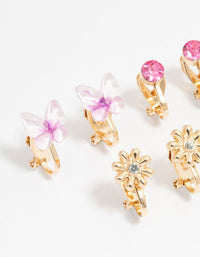 KIds Gold Pom Pom Flower & Butterfly Clip On Earrings 3-Pack - link has visual effect only