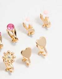 KIds Gold Pom Pom Flower & Butterfly Clip On Earrings 3-Pack - link has visual effect only