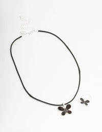 Kids Silver Black Butterfly Mood Cord Necklace & Ring Set - link has visual effect only