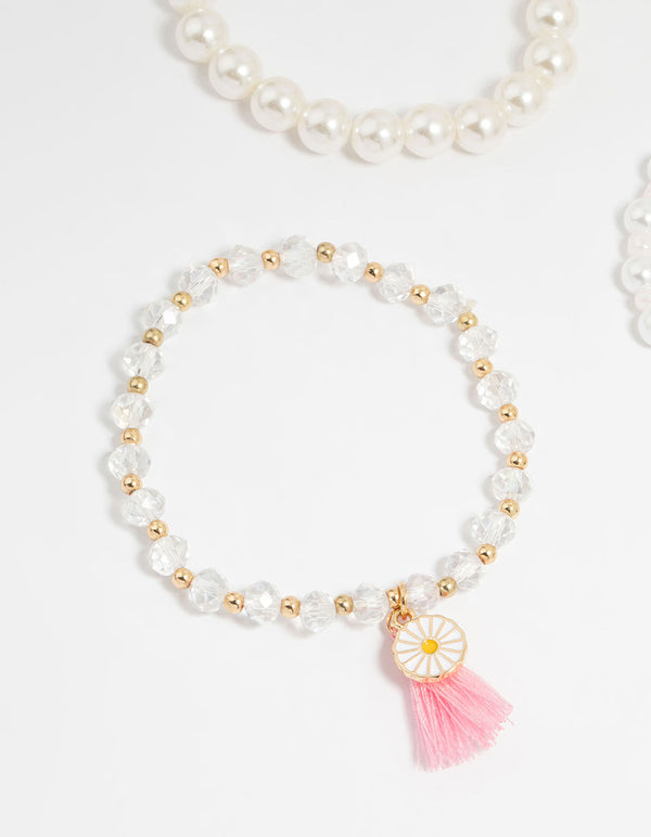 Kids Gold Pearl Beaded Tassel Bracelets 4-Pack