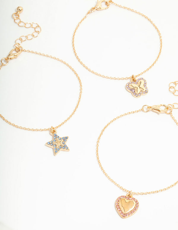 Kids Gold Diamante Heart & Star Butterfly Bracelets 3-Pack