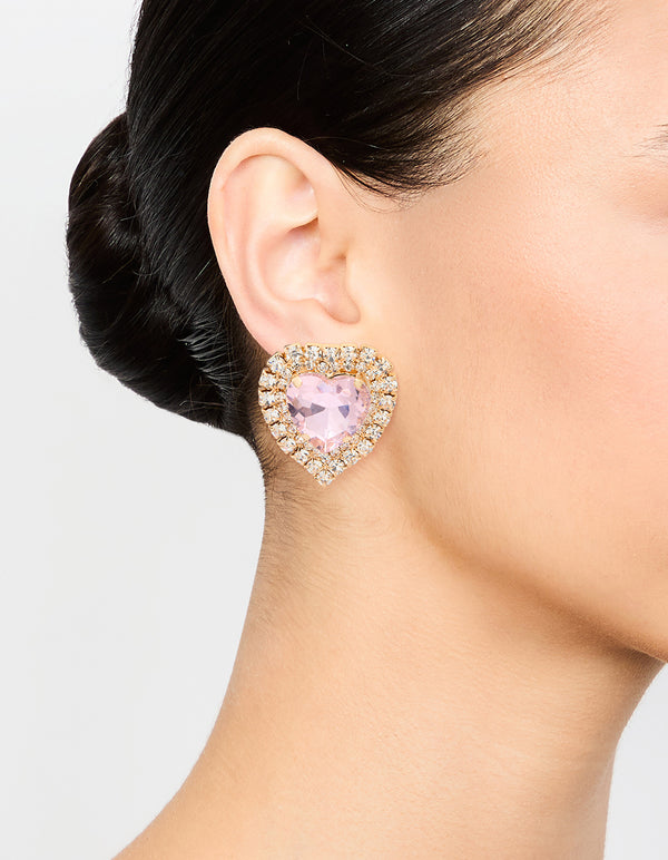 Rose Gold Diamante Pink Heart Stud Earrings