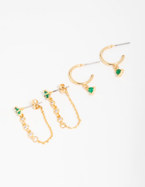 Gold Plated Green Cubic Zirconia Stud & Chain Huggie Earrings 2-Pack