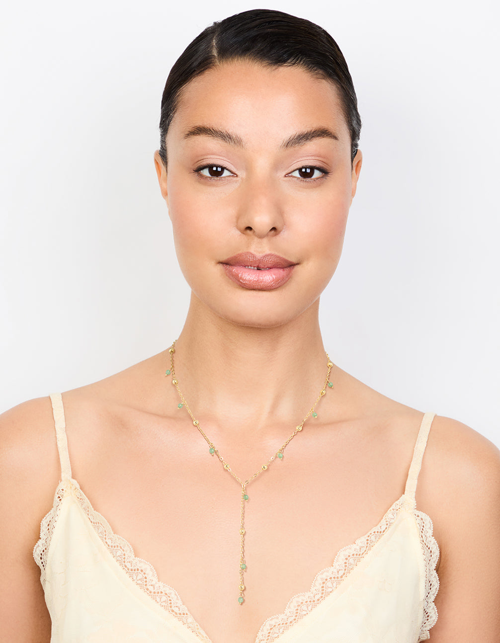 Gold Plated Green Semi Precious Ball Y-Necklace