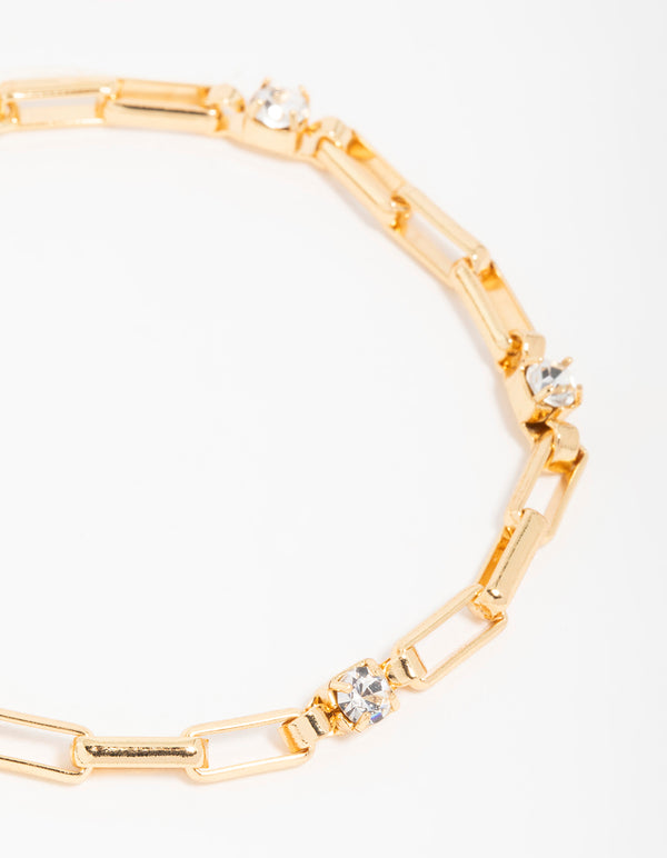 Gold Plated Cubic Zirconia Rectangle Open Link Bracelet