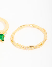 Gold Plated Emerald Diamante Teardrop Rings 3-Pack - link has visual effect only