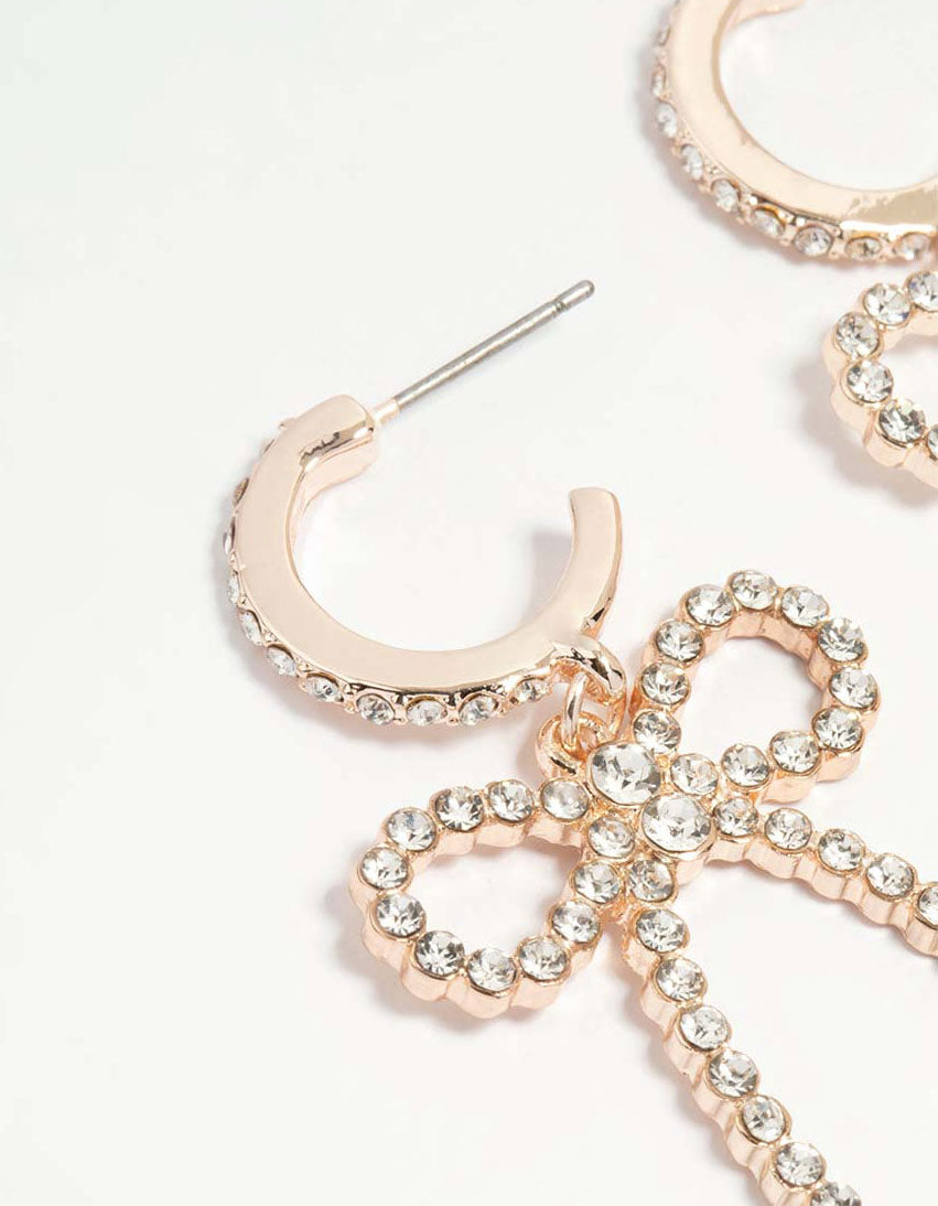 Rose Gold Diamante Pave Bow Hoop Earrings