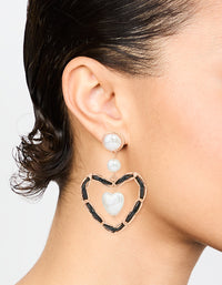 Gold Pearl Black Heart Drop Earrings - link has visual effect only