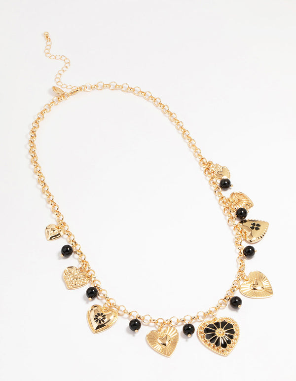 Gold Black Beaded Heart Charm Necklace
