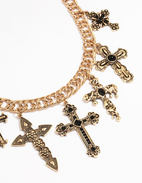 Antique Gold Black Metallic Cross Charm Necklace