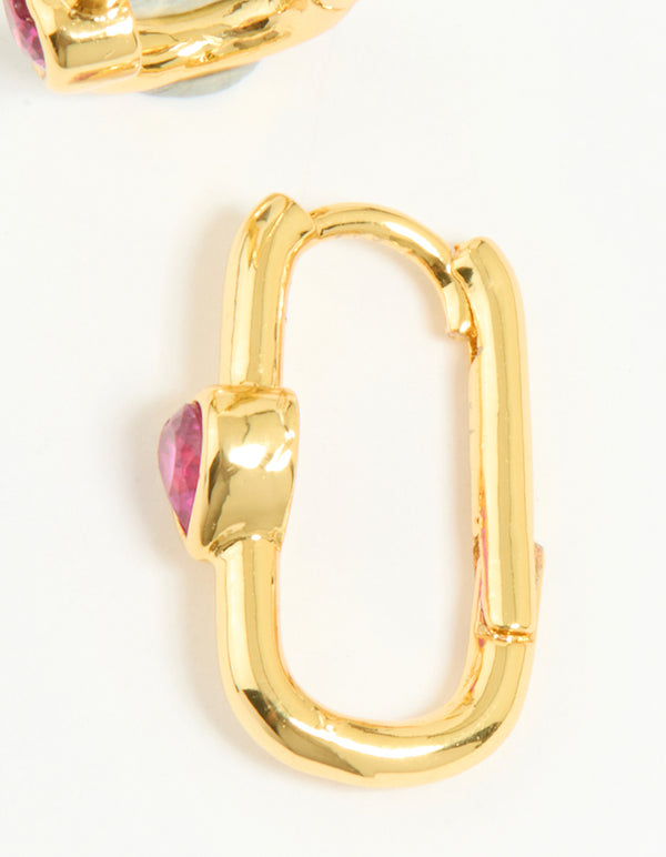 Gold Plated Pink Cubic Zirconia Heart Square Hoop Earrings