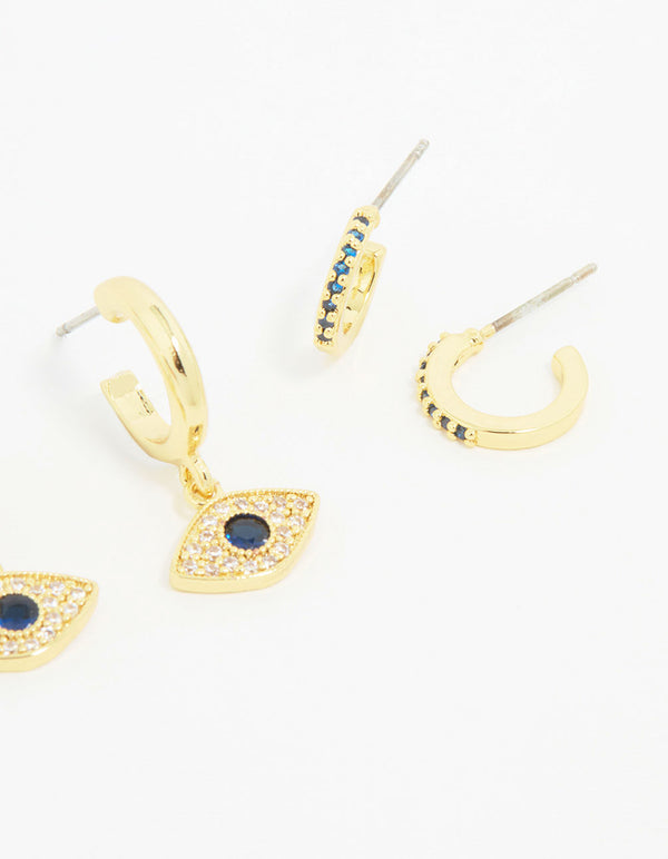 Gold Plated Cubic Zirconia Evil Eye Earrings 3-Pack