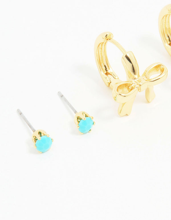 Gold Turquoise Bead & Bow Earrings 3-Pack