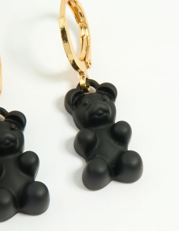 Gold Plated Black Gummy Bear Drop Earrings
