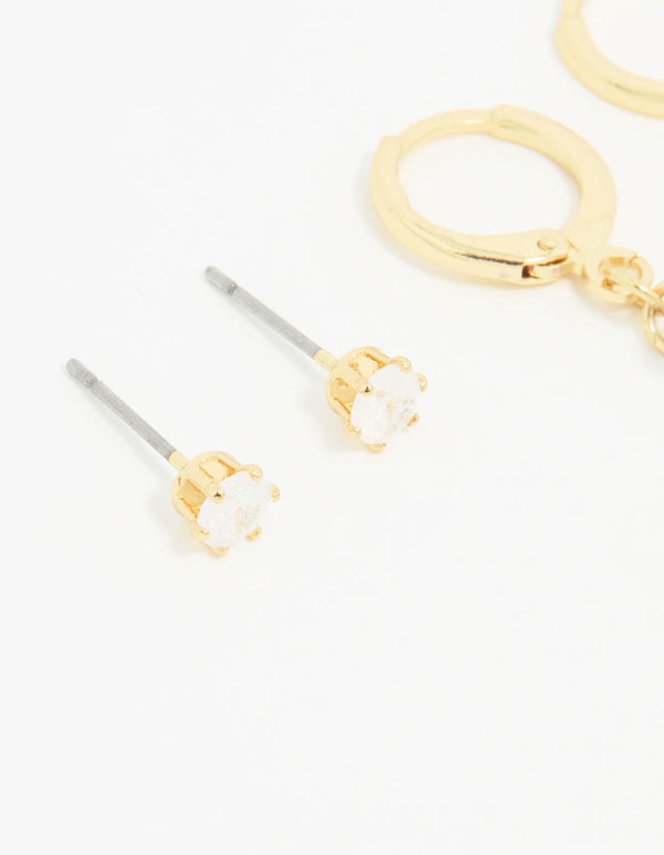 Gold Plated Cubic Zirconia Floral Drop Earrings 3-Pack