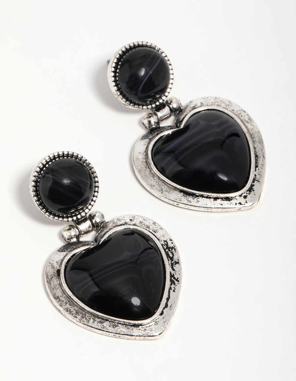 Silver Black Enamel Heart Drop Earrings
