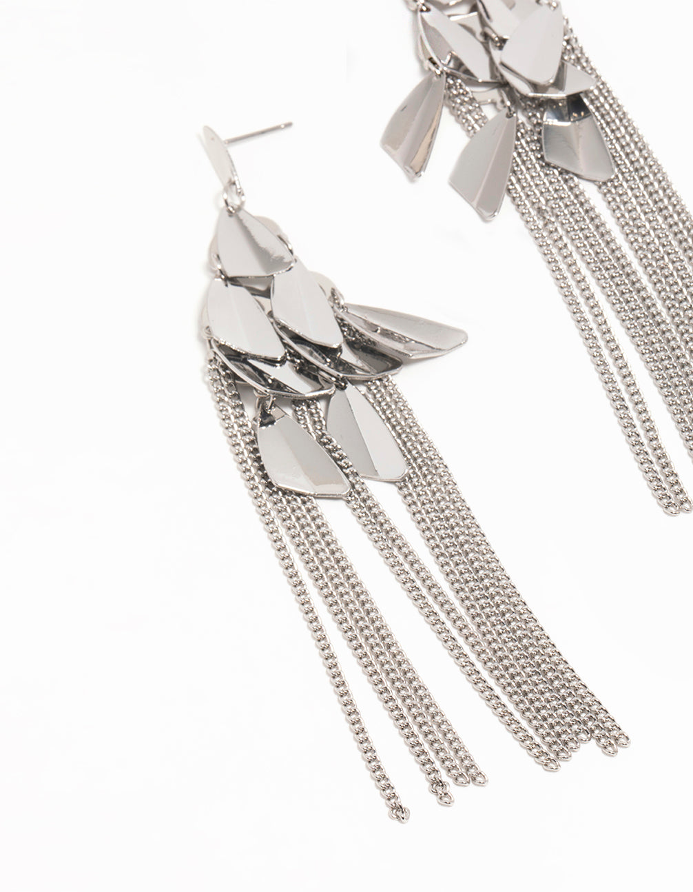 Silver Petal Box Chain Waterfall Drop Earrings